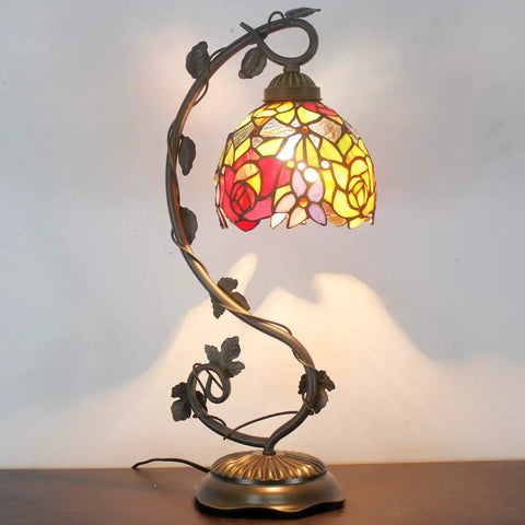 Tiffany Style Red Rose Stained Glass Table Lamp With Bronze Metal Leaf Base 21 Inch Reading Desk Lamp for Bedroom