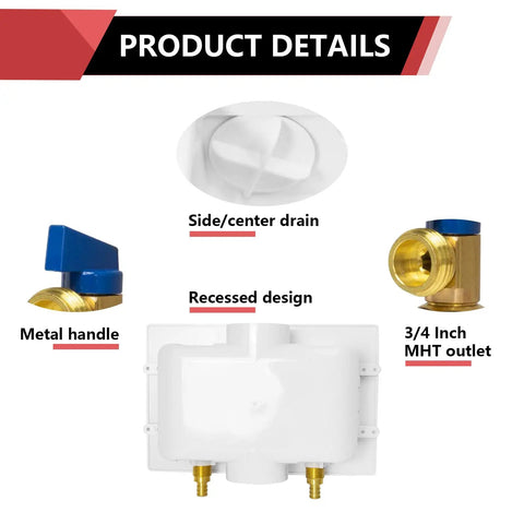 Washing Machine Box With Center Drain And Snap On Frame For Drywall Up To One Inch White Includes Preinstalled Support Bracket And Two Disconnect Clips Measures 9.25 In By 3.5 In By 8 In Half Inch Push Fit Inlet And Three Quarter Inch Outlet, white recessed laundry box with 3/4 inch MHT outlet