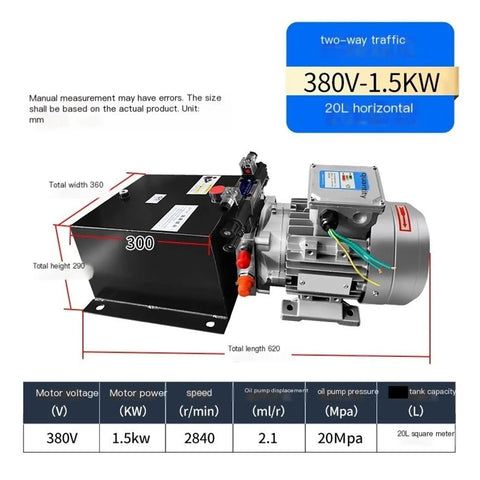 Heavy Duty 380V Hydraulic Power Unit And Compact Press Pump Station Featuring Bidirectional Oil Cylinder 1.5 Kw 20 Liter Capacity dimensions and specifications.