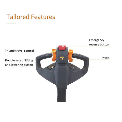Heavy Duty Electric Counterbalanced Pallet Stacker Crushes Loads Up To 1200 Lbs operator control panel showing horn, buttons, and emergency features.