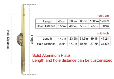 Diagram of Double Sided Solid Aluminum Door Handle dimensions for entry doors, showing lengths and hole distances in cm and inches.