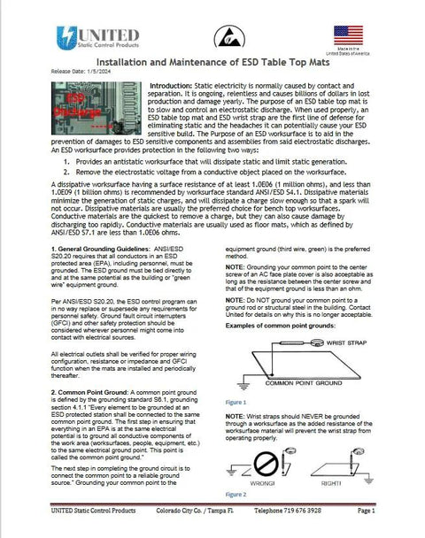 United Static Control Products ESD mat kit with ground cord and wrist strap, includes certification; USA-made.