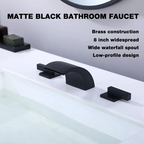 Low Arc 8 Inch Widespread Matte Black Bathroom Faucet With 3 Hole Brass Wide Spout Waterfall Style, Double Handle Vanity Sink Tap, Includes Waste Drain, Solid Brass Construction, Sleek Dope Modern Square Design in modern bathroom setting.