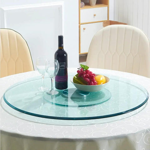 Large 43 Inch Lazy Susan Tempered Glass Turntable For Dining Table featuring a glass design with wine and fruit.