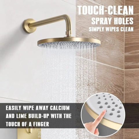 Brushed Gold Shower System With 12 Inch High Pressure Shower Head And 3 Setting Handheld Combo, Hidden Install, 59 Inch Hose spraying water.