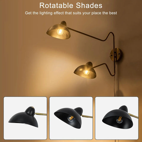 Plug In Black Wall Sconce With Swing Arm And 360 Degree Rotatable Shade On Off Cord Switch Easy No Hardwire Installation