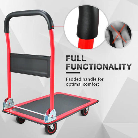 Heavy Duty Foldable Push Cart Dolly With Comfort Grip 660 Pound Capacity Moving Platform Flat Cart with padded handle for comfort.