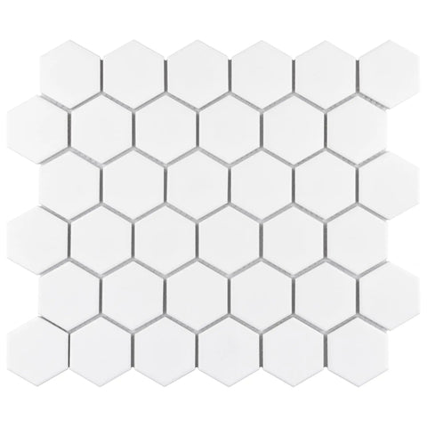 Metro 2 Inch Hex Matte White Porcelain Tile Mesh Mounted Mosaic For Floor And Wall, 11-1/8 By 12-5/8 Inch Sheets.