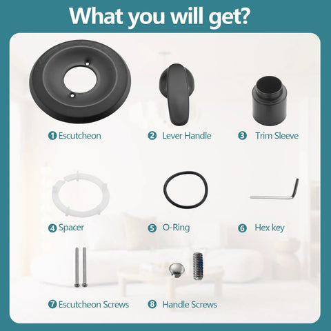 No Sweat Matte Black Shower Trim Kit Compatible With Delta 13 And 14 Series parts including escutcheon, lever handle, trim sleeve.