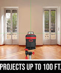 100 Foot Self Leveling Green Cross Line Laser With Rechargeable Battery, 360 Degree Horizontal Projection, Tripod in room
