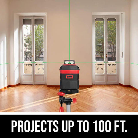 100 Foot Self Leveling Green Cross Line Laser With Rechargeable Battery, 360 Degree Horizontal Projection, Tripod in room