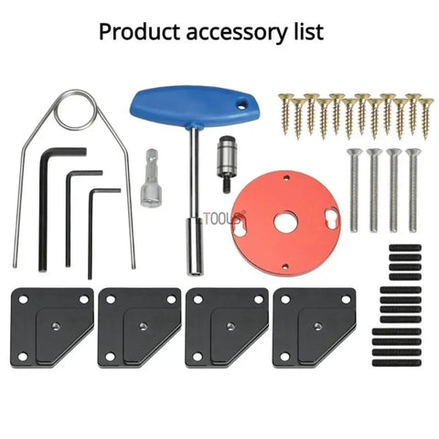 Precision Router Lift Table Engineered For Daily Shop Grind With Rugged Aluminum Alloy Frame accessory pack including screws, plates, and tools.