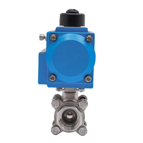 Front view of Rock Solid One Inch NPT Pneumatic Ball Valve Heavy Duty 316 Stainless Steel with blue actuator.