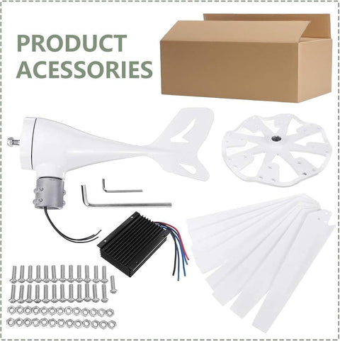 Three Phase 5000W Vertical Axis Wind Turbine Kit With Controller For Home And Industrial Power Supply components displayed.