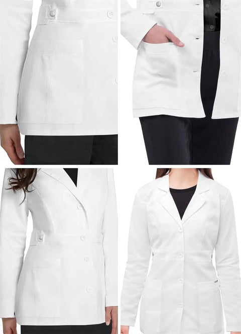 Universal Stretch Lab Coat For Women, 28 Inch Tab Waist Medical Coat, White, Size M, displayed with pockets and front view