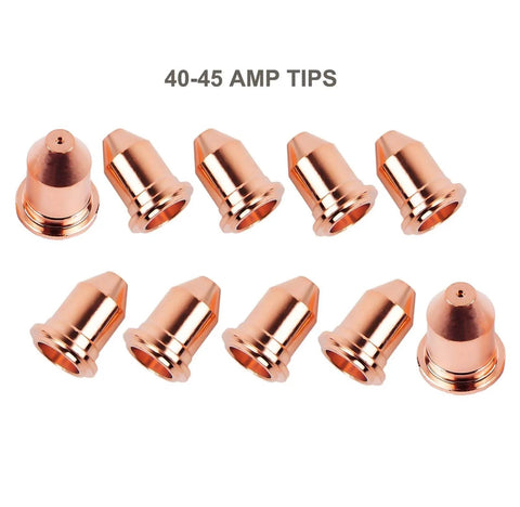 Pro Grade Plasma Cutter Consumable Kit For 45A Titanium 45 Amp, 10 Tips 56811, copper tips arranged in two rows.