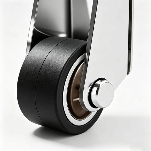 Close-up of No Drama Heavy Duty Vertical Roller Wheel featuring a silent rubber wheel and precision bearings for barn doors.