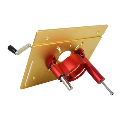 Gonna Nail Every Joint This Hella Stable Manual Router Lift Table Kit With Heavy Duty Aluminum Base Plate for DIY woodworkers, showing gold base and red adjustment mechanism.