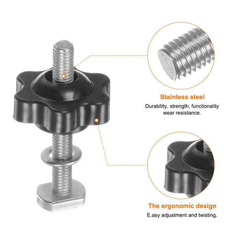 Five Piece M5 T Track Bolt And Hex Knob Set Includes Tough Stainless Steel T Bolts And Smooth Plastic Knobs With Solid Brass Inserts That Lock Down Woodworking Jigs And Fixtures With Zero Play Offering Rock Steady Grip All Day Long On The Bench, showing hex knob and stainless steel bolt.