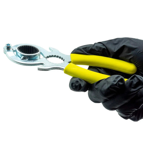 Heavy Duty Faucet Aerator Wrench Tool For Kitchen Sink Repair Featuring Non Slip Rubber Grip Durable Carbon Steel Construction No Sweat Aerators Removal Pro Grade Build Slick Maneuvering For Smooth Home Maintenance in hand.