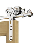Close-up of Six Foot Sliding Barn Door Hardware Kit With Stainless Steel Track For A Single Door Ultra Smooth And Quiet Operation Fits 36 Inch Panels Y Shape Hangers Supports Up To 220 Lbs Includes Track Hangers Rollers Connector on door