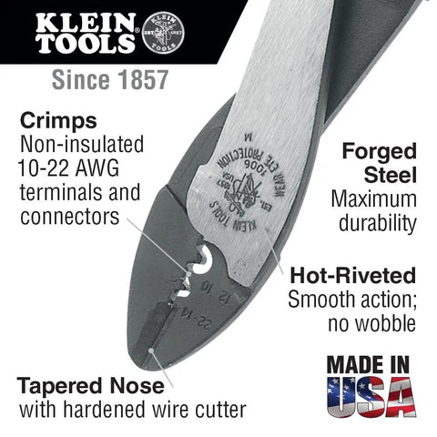 Made In USA Pro Grade Heavy Duty Cutting And Crimping Tool For Non Insulated 10 To 22 AWG Solderless Terminals And Connectors With Tapered Nose, Built In Wire Cutter, Cushioned Plastic Handles, And Forged Steel Durability close-up