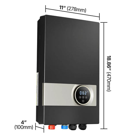 Ditch The Old Tank For This 27kW Tankless Electric Water Heater 240V Under Sink Unit With LCD Touch Screen Temp Lock Works Like A Charm For Bathroom Kitchen Or Office Spaces Sleek Black, showing dimensions 11x4x18.86 inches.