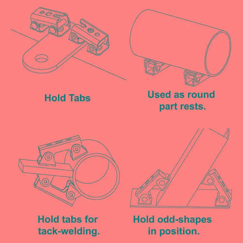 Four Pack V Type Magnetic Welding Clamps With Adjustable V Slots for metalwork, holding tabs, round parts, and odd shapes.