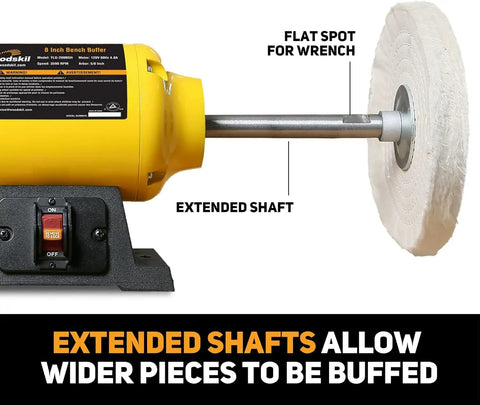 Powerful Three Quarter HP Bench Buffer Polisher With 3600 RPM 8 Inch Dual Cotton Wheels Low Noise For Jewelry Metal Wood Jade Knife Plastic Polishing Machine For Home Shop Pros showing extended shaft and flat spot for wrench