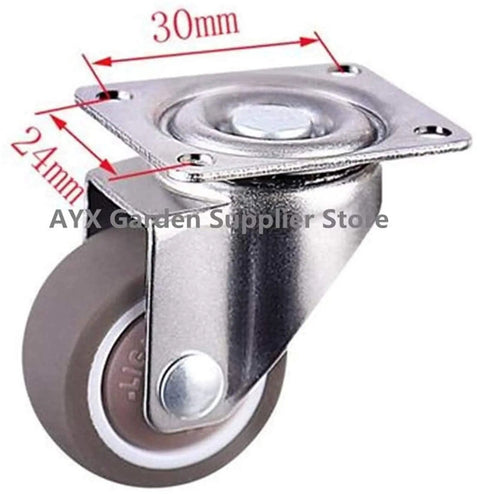 Image of a 1 inch soft rubber swivel caster wheel with metal mounting plate, measuring 30mm x 24mm, ideal for chairs and carts.