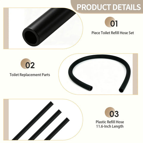 Top Shelf Clear Silicone Toilet Refill Hose Replacement 3 Pack Universal 9.8 Inch, showing black refill hoses for toilet valves.