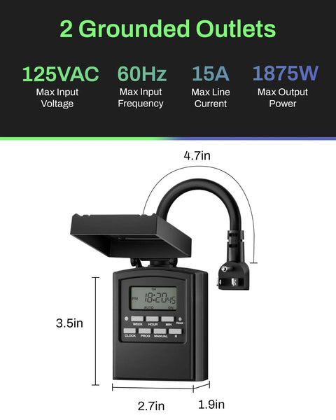 Outdoor Heavy Duty Digital Programmable Timer With Two Grounded Outlets, Waterproof, showing dimensions and specifications