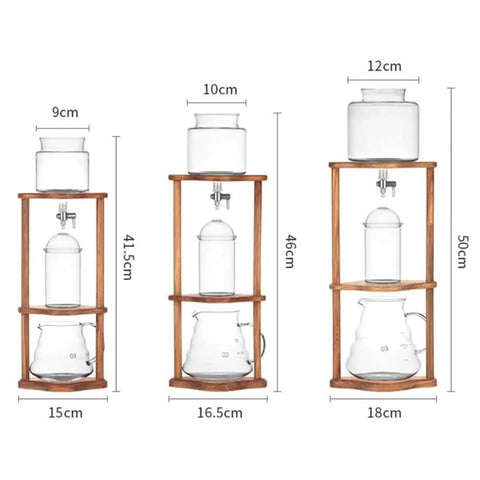 Game Changer Cold Brew Drip Tower With Adjustable Flow Control, glass and wood, measuring 50cm high for iced coffee or tea.