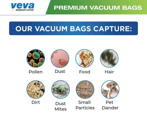Image showing icons of pollen, dust, food, hair, dirt, dust mites, small particles, pet dander captured by vacuum bags