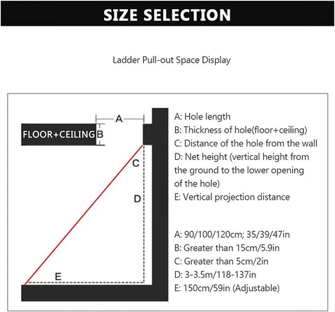 Size selection diagram for Electric Ceiling Loft Ladder With Heavy Duty Alloy Steel Frame detailing pull-out space and measurements.