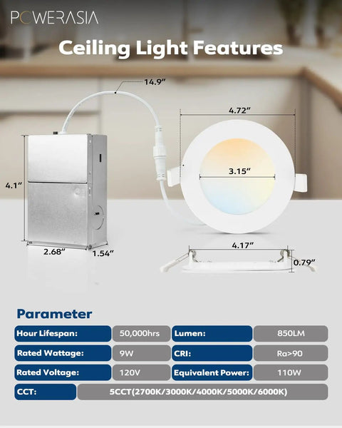 12 Pack 4 Inch Ultra Thin LED Recessed Ceiling Lights With Junction Box Five CCT Dimmable 2700K 3000K 4000K 5000K 6000K