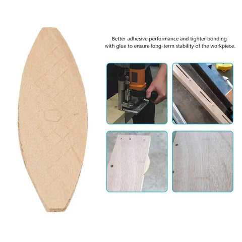 Solid Beech Wood Oval Joiner Biscuits 20 Piece Set for Strong Wood Joining shown with joiner tool and wooden joints.