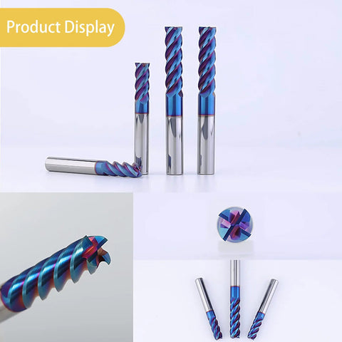 Five Piece One Eighth Inch Solid Carbide Square Nose End Mills Set Pro Grade, Four Flute CNC Milling Bits For Stainless Steel displayed