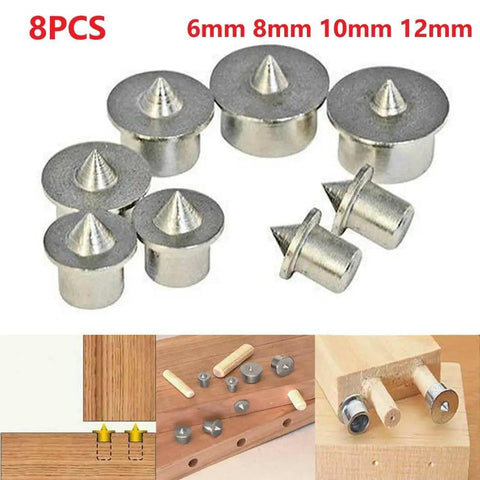 Eight Piece Dowel Center Pin Set For Woodworking With 6mm 8mm 10mm And 12mm Hollow Drill Bit Markers in chrome plated steel.
