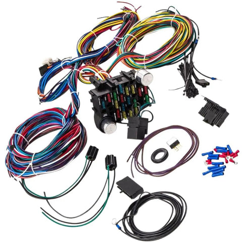 Universal 12V Wiring Harness And Fuse Kit With Plug And Play Connector, 21 Circuits And 17 Fuses, color-coded for easy install.