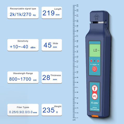 Blue handheld optical fiber identifier with LCD display and built-in VFL, shown beside a ruler.