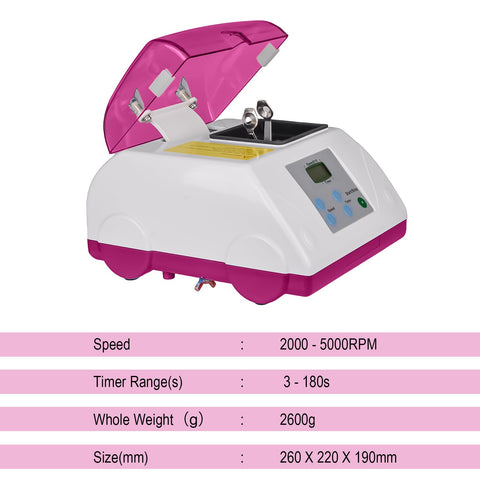 Pro Grade Workhorse Dental Lab Digital High Speed Amalgamator G8 HL AH Purple with open lid showing interior and controls.