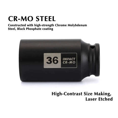 One Half Inch Drive Deep Spindle Axle Nut Impact Socket 36mm 12 Point CR MO Steel with Protective Black Phosphate Finish