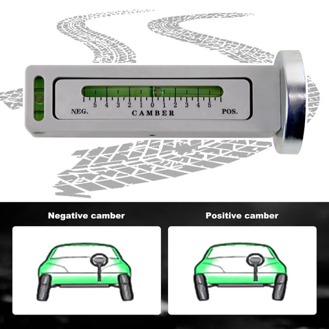 Two Piece Universal Magnetic Camber Gauge For Dead Nuts Wheel Alignment measuring negative and positive camber on a steel surface.