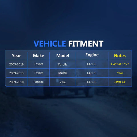 Vehicle fitment chart for Front Right CV Axle Shaft Assembly For Toyota Corolla 2003 To 2019 1.8L Matrix 2009 To 2013 1.8L Pontiac Vibe 2009 To 2010 FWD