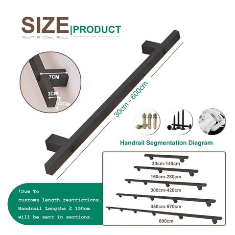 Rock Solid Black Wrought Iron Handrail For Stairs And Hallways With Hidden Mounting Screws and size diagram.