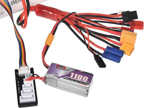 10 In 1 RC Battery Charger Adapter Cable With Balance Board For 2S To 6S LiPo Batteries showing connectors and balance board.