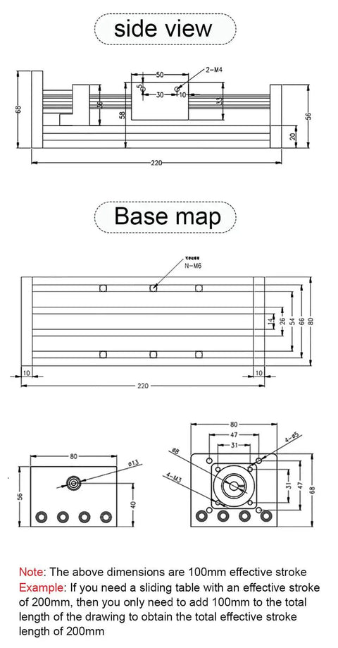 Technical diagram of Rock-Solid High-Precision Linear Guide Slide Table With Ball Screw Motion Rail 300mm Stroke