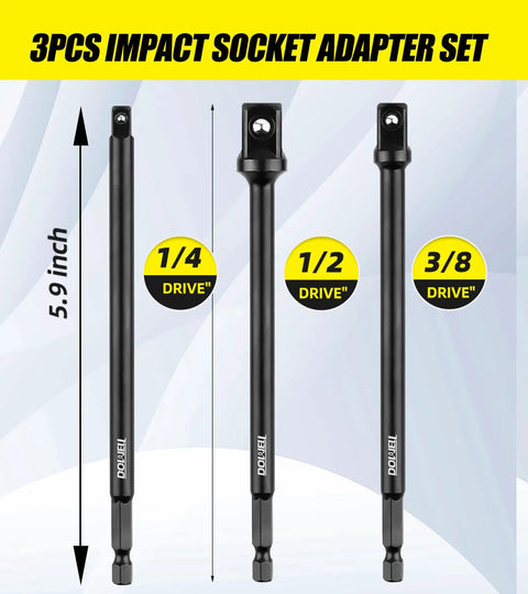 Three 5.9-inch extensions of Beefy Impact Grade Socket Adapter Set With Holder, Quick Change Hex Shank, fits 1/4, 3/8, 1/2 inch drives