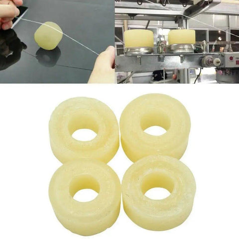 4 Piece Knitting Machine Wax Rings For Snag Free Yarn Feeding And Needle Protection, shown in package and in knitting machine